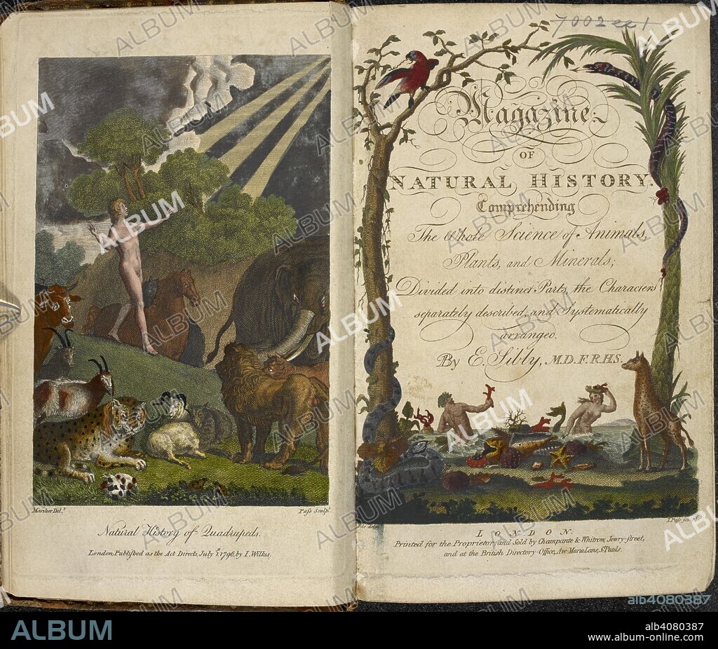 EBENEZER SIBLEY and J PASS. A naked man, Adam?, walking among animals. An  universal system of natural history including the natural history of man,  etc. (Magazine of Natur - Album alb4080387