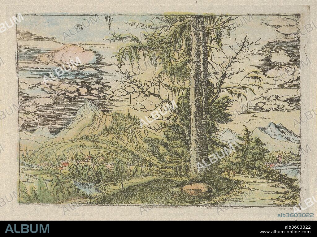 Facsimile Reproduction of Landscape with a Double Spruce. Artist: Albrecht Altdorfer (German, Regensburg ca. 1480-1538 Regensburg). Author: Author of Meisterwerke der Graphik in XVIII jahrhundert, Alfred Stix. Dimensions: Sheet: 6 15/16 × 7 5/8 in. (17.7 × 19.4 cm)
Plate: 4 11/16 × 6 5/8 in. (11.9 × 16.8 cm). Publisher: Artur Wolf (Vienna).