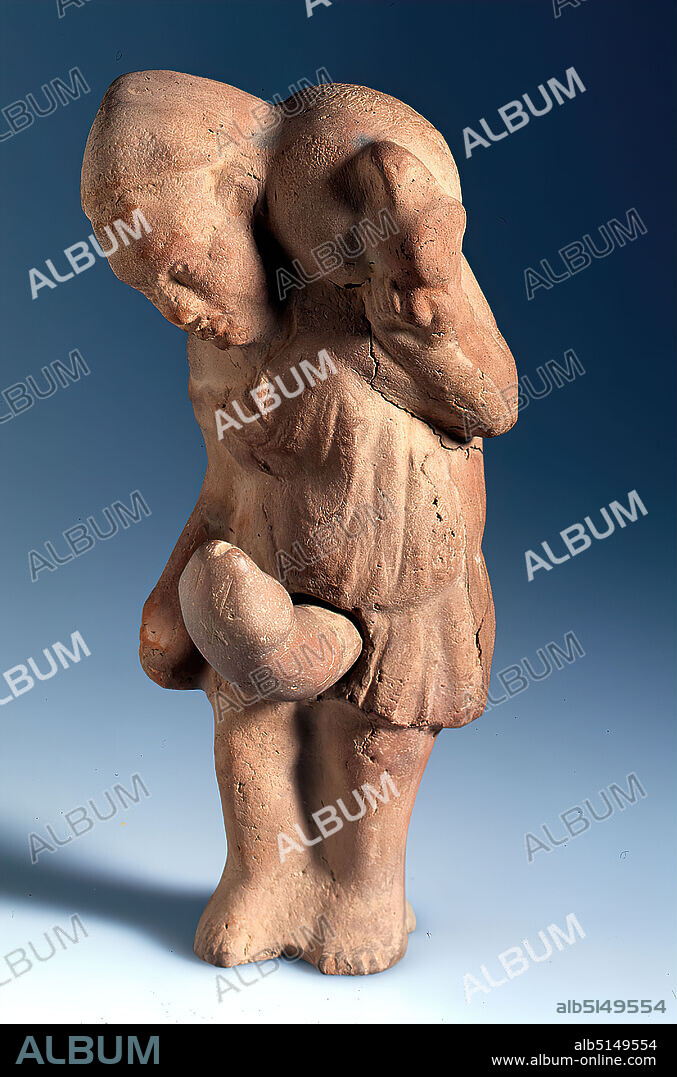 Ithyphallic slave with amphora, clay, pressed into the mold, hand-modeled, fired (ceramic), clay, Total: Height: 17.1 cm; Width: 7.6 cm; Depth: 6.6 cm (without phallus); Depth: 9.3 cm (with phallus), Pottery, Man, Masculinity, Early Imperial Period, Middle Imperial Period, The figure shows a slave, who, bent by the weight of a heavy amphora on his left shoulder, shuffles towards his goal. He is clothed with a short thin robe (Greek exomis), which already slips off his shoulder, half-covering his thigh and girded below his waist. On his head he wears a tight-fitting cap. The large ears and the thick nose as well as the long arms and short legs were considered ugly disproportionate and were specific to the depiction of slaves. This caricature of a human being is still carried to extremes by the equipment with an oversized phallus. This is considered both repulsive and lucky. The figure belongs to the group of so-called Fayum terracottas. In Alexandria, the international, Greek-influenced center of Egypt, lives a multicultural society of Egyptians, Orientals, Greeks, Romans, Jews and others, whose different religious ideas are gradually blending together. Insights into this world of faith are provided by the so-called Fayum terracottas. They are part of the religious household, children's toys, knick-knacks, but also cult symbols, grave goods, pilgrimage images, votive offerings and magical objects for banishing evil forces. They can be found in houses, graves and sanctuaries.
