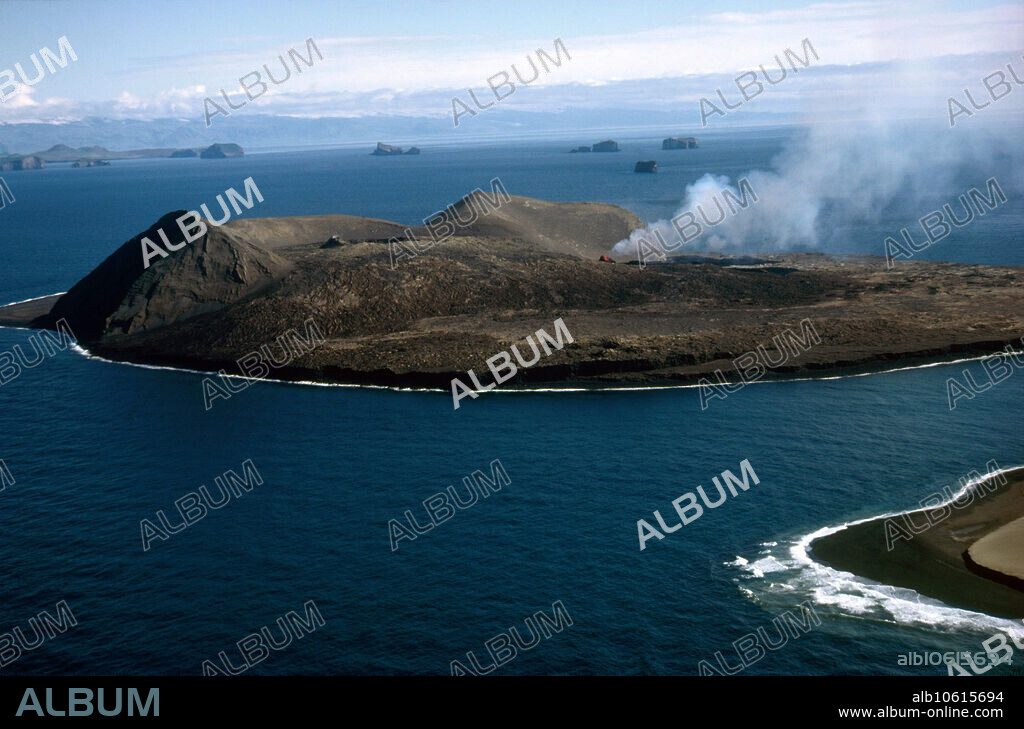 Eruption on Surtsey, a volcanic island in the small archipelago of Vestmannaeyjar (Westman Islands, in English) off the south coast of Iceland.  It was created in a volcanic eruption that reached the ocean's surface on 14 November 1963 and lasted until 5 June 1967.