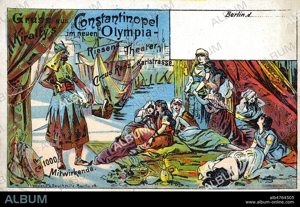 Constantinople au nouvel Olympia de Berlin. Plus de 1000 participants. Illustration anonyme pour une carte postale vers 1895. Credit : IM/Kharbine-Tapabor.