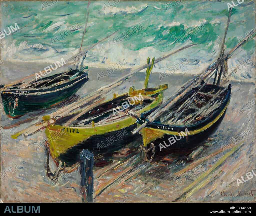 CLAUDE MONET. Three Fishing Boats. Date/Period: 1886. Painting. Oil on canvas. Height: 730 mm (28.74 in); Width: 925 mm (36.41 in).