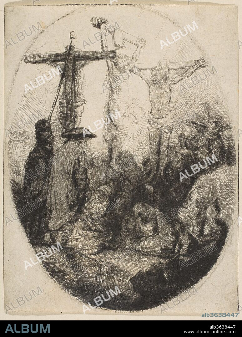 Christ Crucified Between Two Thieves; oval plate. Artist: Rembrandt (Rembrandt van Rijn) (Dutch, Leiden 1606-1669 Amsterdam). Dimensions: sheet: 2 3/16 x 1 9/16 in. (5.5 x 4 cm). Date: ca. 1641.