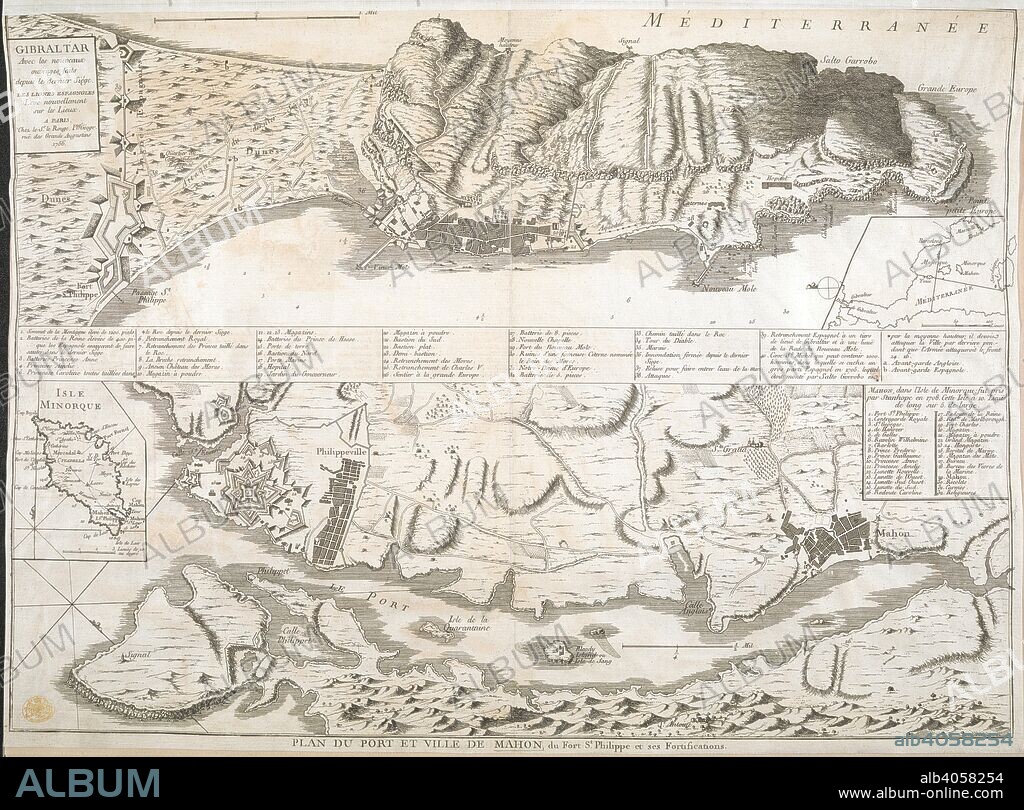 A map of Gibraltar. Below, a map of Port Mahon includes an inset of ...