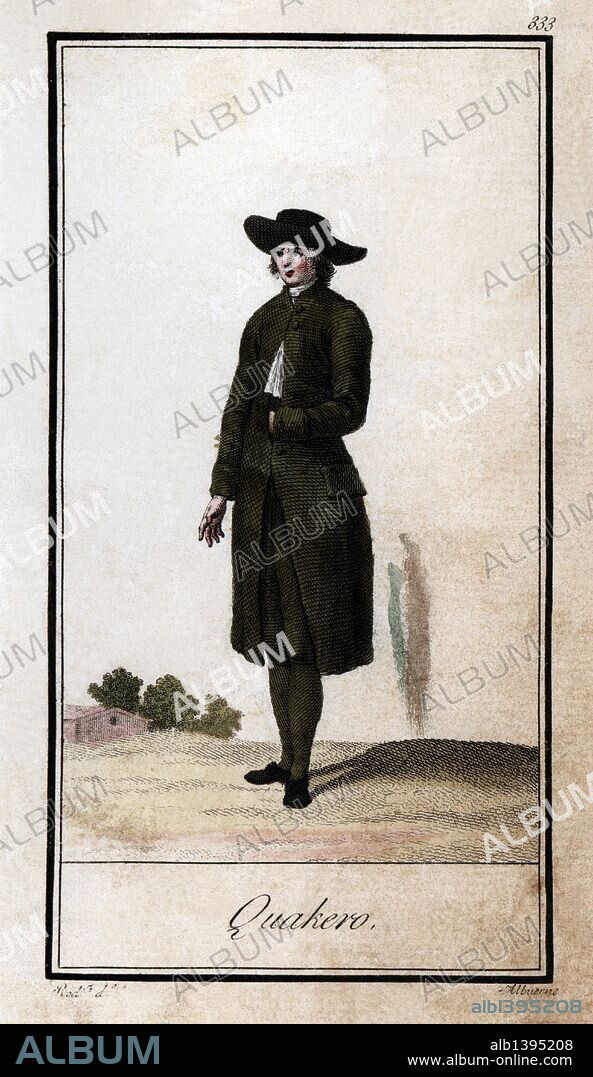 Quaker (cuáquero), habitante de Filadelfia. Grabado en color de 1805.
