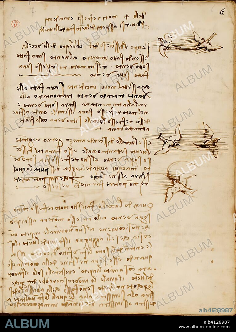 Codex on the Flight of Birds (Codice sul volo degli uccelli), by Leonardo da Vinci, c. 1505, 16th Century, manuscript on paper, 15,4 x 21,3 cm. Italy, Piedmont, Turin, Biblioteca Reale di Torino. Detail. A page from the Codex on the Flight of Birds.