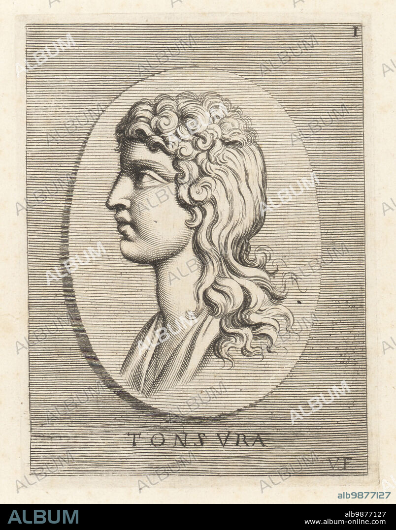 Male head with classical hairstyle or tonsure. Greek mullet style known as the Theseus cut. It was said that Theseus cut his forelocks and dedicated his hair to Apollo at Delphi. From a carnelian gem. Tonsura. Copperplate engraving by Guillaume Vallet after Giovanni Angelo Canini from Iconografia, cioe disegni d'imagini de famosissimi monarchi, regi, filososi, poeti ed oratori dell' Antichita, Drawings of images of famous monarchs, kings, philosophers, poets and orators of Antiquity, Ignatio deLazari, Rome, 1699.