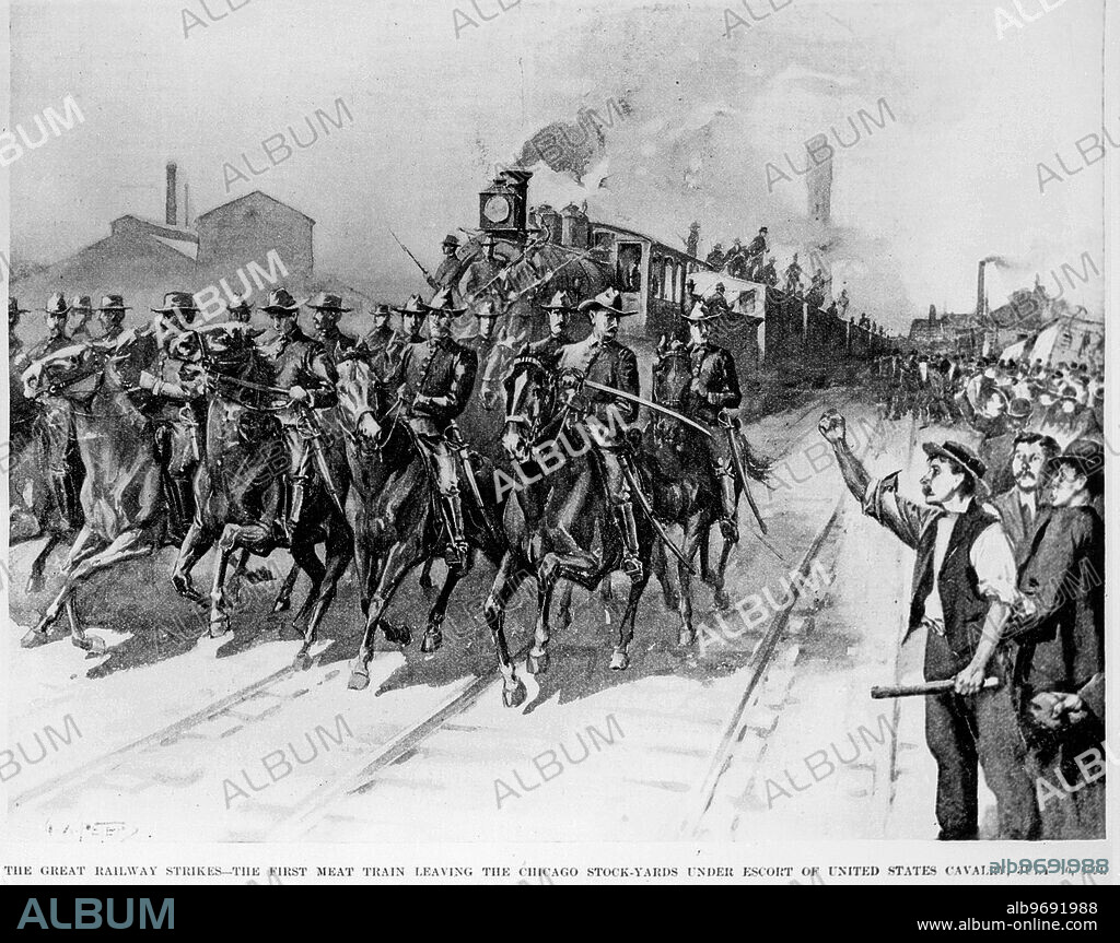 The Great Railway Strikes, Chicago, Illinois, 1894. Drawing depicts the  first meat train leaving the Chicago Stock-yards under escort of the Unites  States Cavalry, July 10 - Album alb9691988