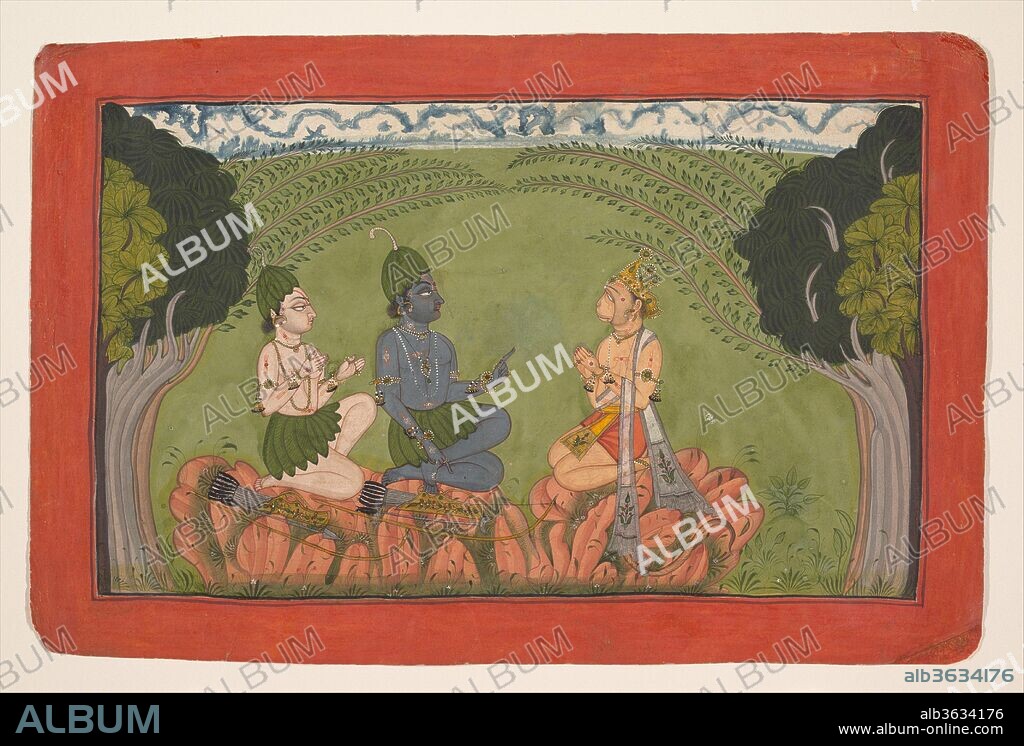 Hanuman before Rama and Lakshmana. Culture: India (Punjab Hills, Mankot). Dimensions: 8 x 12 1/8 in. (20.3 x 30.8 cm). Date: ca. 1710-25.
When Hanuman, as the messenger of Sugriva, first encounters Rama and Lakshmana, he assumes the form and aspect of a sage. After much discussion a pact of friendship is decided upon and Hanuman returns to his natural monkey form. This moment was chosen, as Hanuman's disguise would have confused the viewer; moreover this portrayal allowed the artist to emphasize his role as a general of the great monkey army. The Mankot Ramayana series (see also Lakshmana and Sugriva Being Carried by Palanquin to Receive Rama's Blessings) focuses on Rama's exile in the forest; the heroes are depicted in the attire of forest dwellers--leaf shirts and hats--and the landscape is rendered in green. The narrow skyline is broken by jagged storm clouds, descendents of the Persian clouds introduced 150 years earlier.