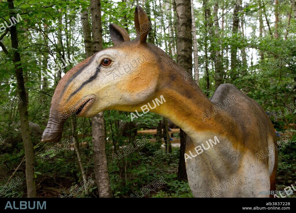 Macrauchenia, an extinct, long-necked, three-toed South American mammal that lived from the Miocene to the Pleistocene, in Dinosaurier Park, Germany.