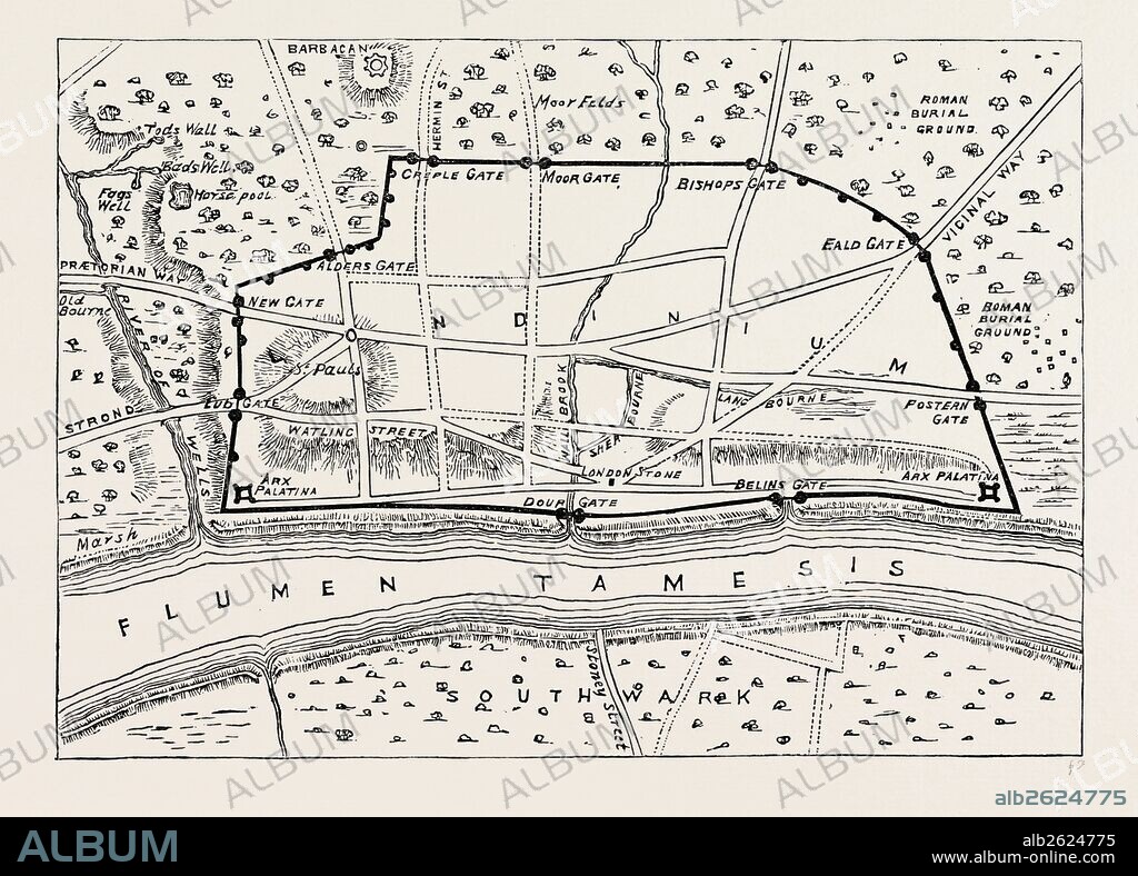 PLAN OF ROMAN LONDON, map, UK, 19th century.