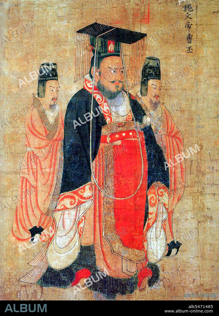 Cao Pi (187 – 29 June 226), formally known as Emperor Wen of Wei, was the first emperor of the state of Cao Wei during the Three Kingdoms period of Chinese history. Born in Qiao County, Pei Commandery (present-day Bozhou, Anhui), he was the second son of the late Han Dynasty warlord Cao Cao. In 220, Cao Pi forced Emperor Xian, last ruler of the Han Dynasty, to abdicate and proclaimed himself Emperor of Wei. Cao Pi continued his father's war against the rival states of Shu Han and Eastern Wu but was unsuccessful. Unlike his father, he concentrated most of his efforts on his home country, which prospered under his rule. Yan Liben (Wade–Giles: Yen Li-pen, c. 600-673), formally Baron Wenzhen of Boling, was a Chinese painter and government official of the early Tang Dynasty. His notable works include the Thirteen Emperors Scroll and Northern Qi Scholars Collating Classic Texts. He also painted the Portraits at Lingyan Pavilion, under Emperor Taizong of Tang, commissioned in 643 to commemorate 24 of the greatest contributors to Emperor Taizong's reign, as well as 18 portraits commemorating the 18 great scholars who served Emperor Taizong when he was the Prince of Qin. Yan's paintings included painted portraits of various Chinese emperors from the Han Dynasty (202 BC-220 AD) up until the Sui Dynasty (581-618) period.