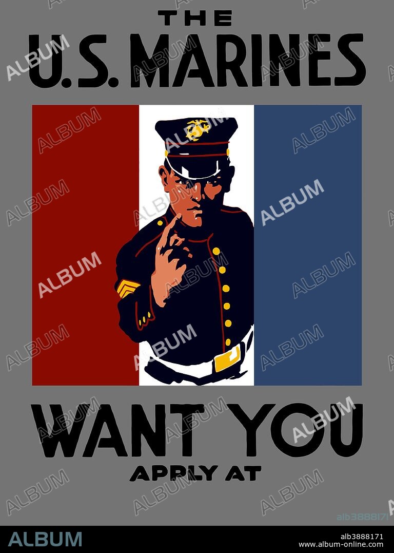 Vintage World War One poster of a Marine wearing his dress blues, pointing forward. It declares - The U.S. Marines Want You.