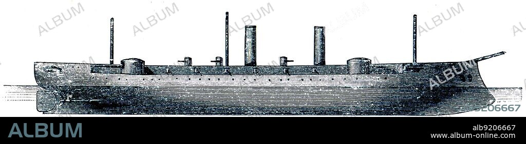 Rurik, Russian armored cruiser, 1892, 10,933 tons, 130 meters. An illustration from the encyclopedia publishers 'Education', St. Petersburg, Russian Empire, 1896.