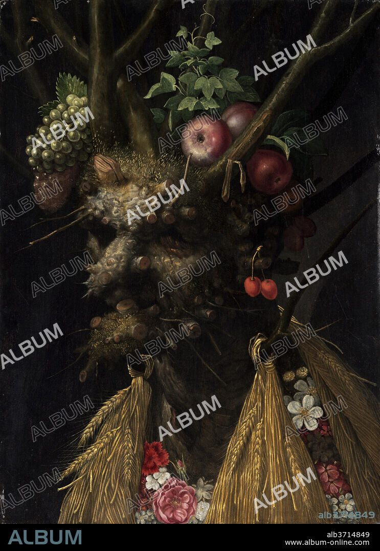 GIUSEPPE ARCIMBOLDO. Four Seasons in One Head. Dated: c. 1590. Dimensions: overall: 60.4 x 44.7 cm (23 3/4 x 17 5/8 in.)  framed: 94 x 75 cm (37 x 29 1/2 in.). Medium: oil on panel.