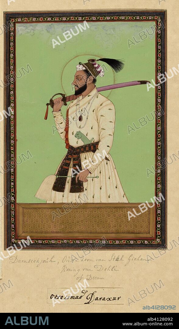 Portrait of Dara Shikoh, the eldest son of Shah Jahan, who ruled over the province of Delhi in his father's time; After the death of his father, Aurangzeb killed him and became ruler of Delhi himself. Draughtsman: anonymous. Dating: c. 1686. Place: Golkonda. Measurements: h 203 mm × w 140 mm.