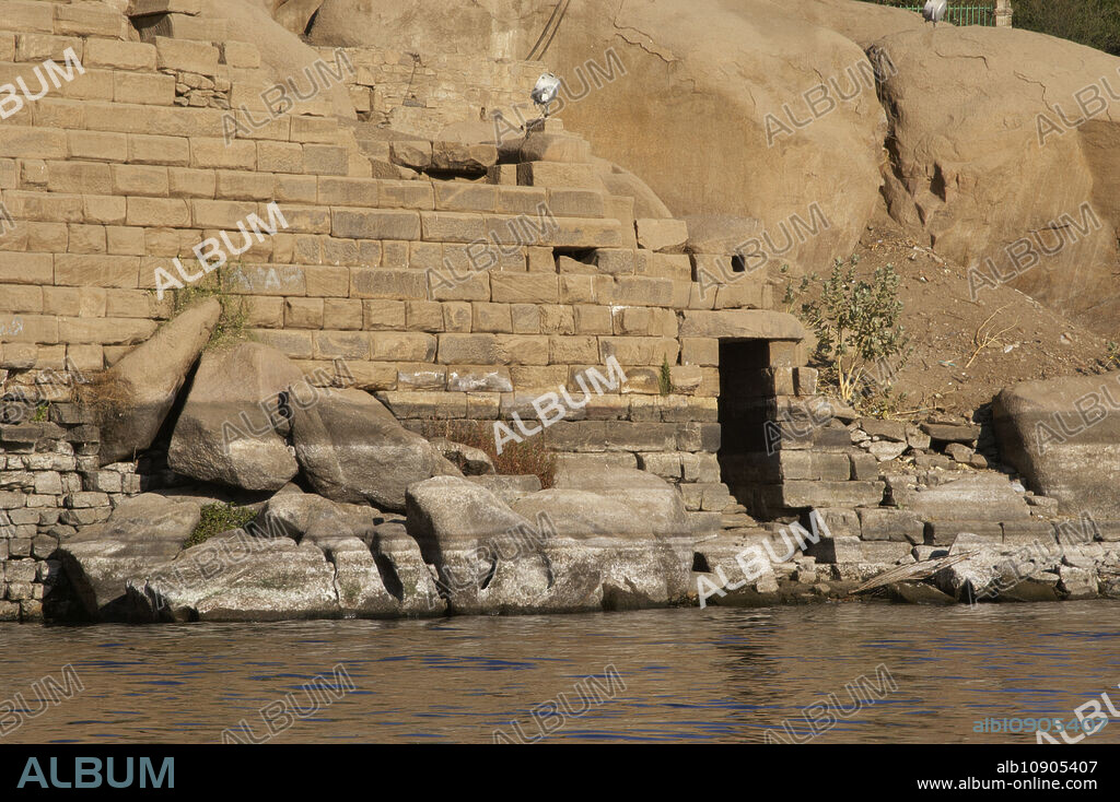 Elephantine, Egypt. Island in the Nile River, opposite the city of Aswan. Detail of the nilometer. Stepped construction in the rock, with marks to measure the flow of the Nile river during the annual flood season. Taxes were established on the basis of this information, besides to be able to calculate the volume of the crop to be harvested in the fields.