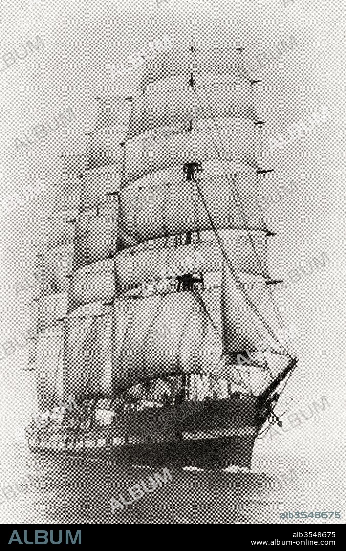 The Lancing, which started life in 1866 as a steamship called La Pereire and finished as a full rigged four masted sailing ship. From The Romance of the Merchant Ship, published 1931.