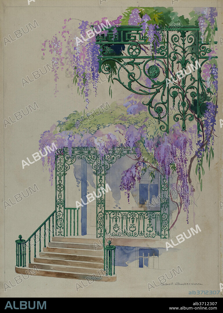 GILBERT SACKERMAN. Cast Iron Porch Railing. Dated: c. 1936. Dimensions: overall: 50.7 x 38.3 cm (19 15/16 x 15 1/16 in.). Medium: watercolor, graphite, and goauche on paperboard.