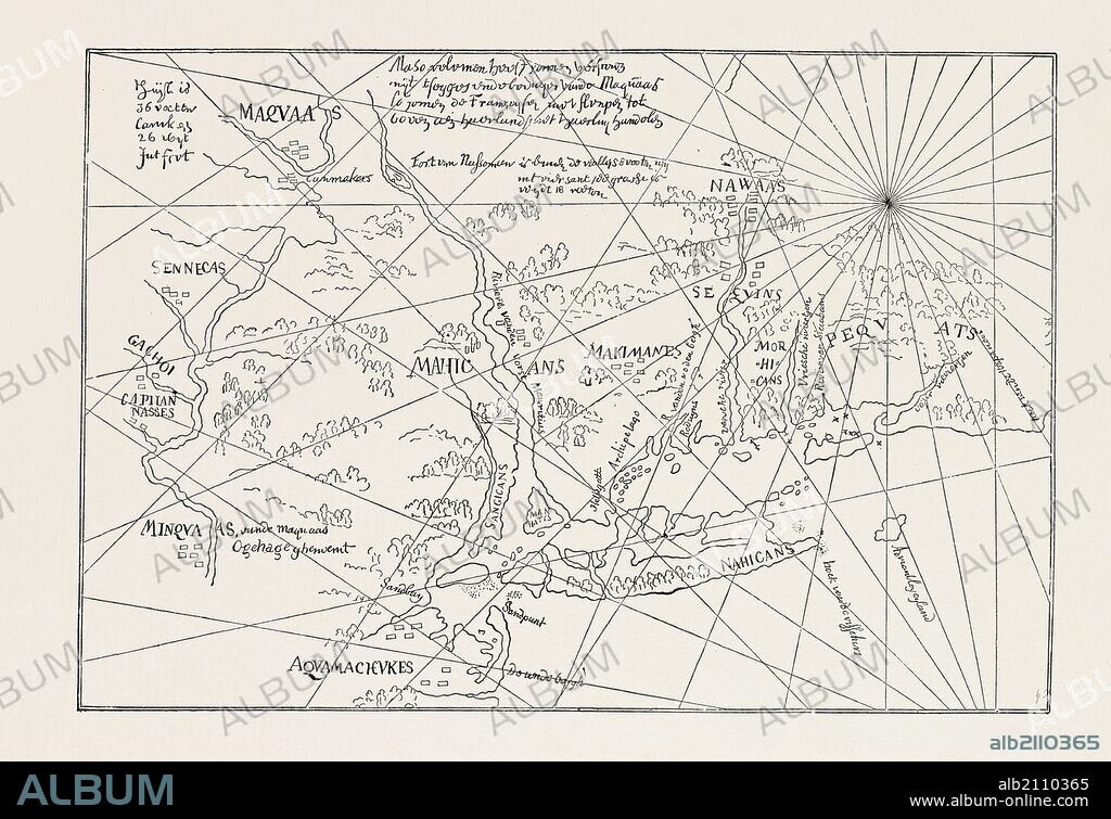 THE EARLIEST MAP OF THE NEW NETHERLANDS, US, USA, 1870s engraving.