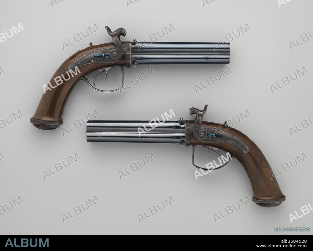 Pair of Four-Barreled Turnover Percussion Pistols with Pair of Box-Lock Turn-Off Pocket Pistols, Case, and Accessories. Culture: British, London. Dimensions: Pistols (35.41.1, .2); L. of each 12 1/4 in. (31.1 cm); L. of barrels 6 in. (15.2 cm); Cal. of barrels .54 in (13.7 mm); Wt. of each 2 lb. 9 oz. (1162.3 g); pocket pistols; (35.41.3, .4); L. of each 5 1/8 in. (13 cm); L. of barrels 1 1/2 in. (3.8 cm); Cal. of barrels .39 in (9.9 mm); Wt. of each 5 oz. (141.7 g); mallet (35.41.5); L. 8 1/16 in. (20.5 cm); Wt. 2.9 oz. (82.2 g); ramrod (35.41.6); L. 6 3/4 in. (17.1 cm); Wt. 1.5 oz. (42.5 g); cleaning rod (35.41.7a); L. 6 1/2 in. (16.5 cm); Wt. 0.9 oz. (25.5 g); cleaning tip (35.41.7b); L. 1 5/8 in. (4.1 cm); cleaning tip (35.41.7c); L. 1 1/4 in. (3.2 cm); powder flask (35.41.8); H. 4 1/2 in. (11.4 cm); W. 1 3/4 in. (4.5 cm); Wt. 3.2 oz. (90.7 g); bullet mold (35.41.9); L. 4 7/8 in. (12.4 cm); Wt. 2.2 oz. (62.4 g); bullet mold (35.41.10); L. 6 in. (15.2 cm); Wt. 3.5 oz. (99.2 g); nipple wrench (35.41.11); L. 5 in. (12.7 cm); Wt. 1.3 oz. (36.9 g); screwdriver (35.41.12); L. 5 3/8 in. (13.7 cm); Wt. 1.4 oz. (39.7 g); barrel wrench (35.41.13); L. 2 9/16 in. (6.5 cm). Engraver: Possibly Peter Gumbrell (British, London, active 19th century). Gun assembler: Possibly Henry Atkin (British, London, active 19th century). Gunsmith: James Purdey the Elder (British, London 1784-1863 Margate). Stock polisher: Possibly Abbe Robins (British, London, active 19th century). Date: ca. 1831.