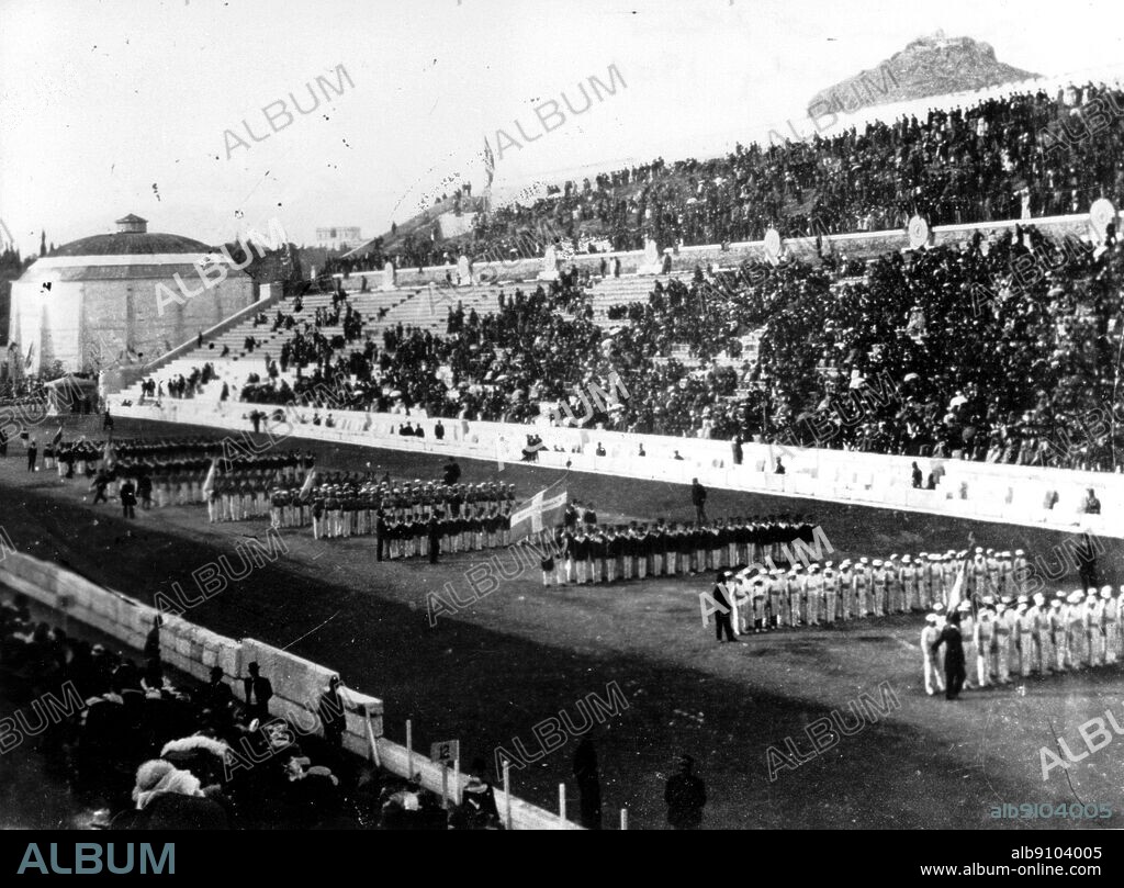 Opening Ceremony of the 1896 Olympic Games at the Panathenaic Stadium in Athens , Greece.. The date is 6 April 1896 by the new calendar but at the time the local date in Greece was 25 March 1896 as they were still using the Julian calendar.