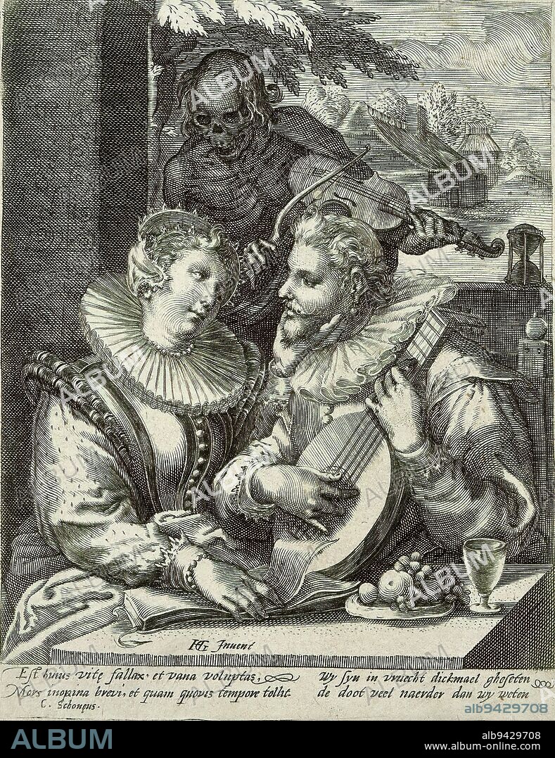 Love Couple and Death, Love Couple, making music at table. The lady has a  songbook in front of her, the man plays the lute. Behind them Death in the  guise of a