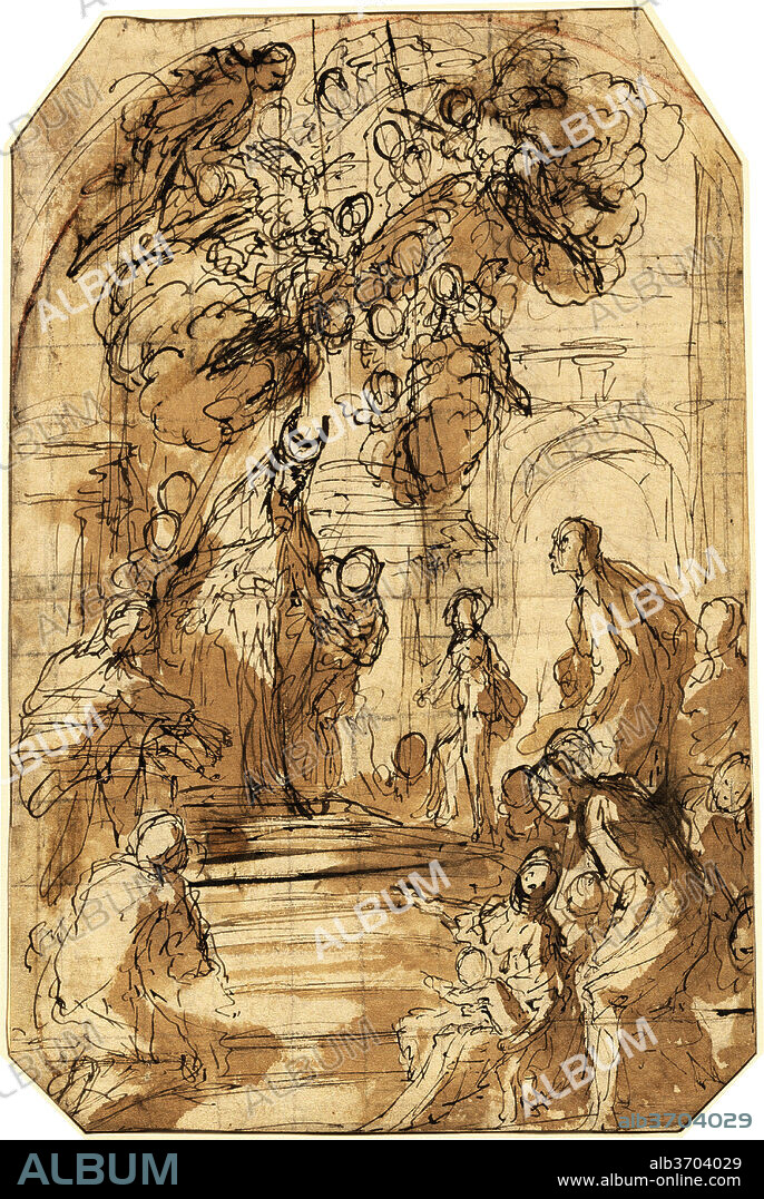 ANTONIO ZANCHI. Presentation of the Virgin in the Temple [recto]. Dated: c. 1700. Dimensions: overall: 28.1 × 18.7 cm (11 1/16 × 7 3/8 in.). Medium: pen and brown ink and brown wash over black chalk, squared in black chalk, on laid paper.