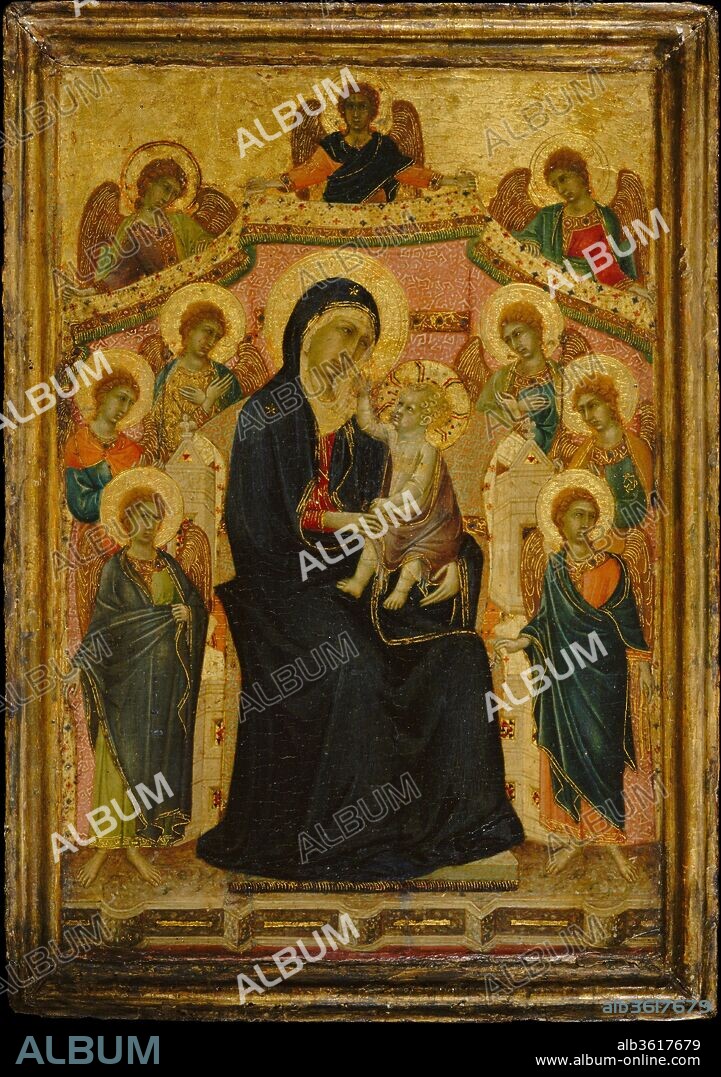 Madonna and Child with Nine Angels. Artist: Segna di Buonaventura (Italian, active Siena by 1298-died 1326/31). Dimensions: Left wing, overall, with engaged frame, 15 1/8 x 10 5/8 in. (38.4 x 27 cm); right wing, overall, with engaged frame, 15 x 10 5/8 in. (38.1 x 27 cm). Date: ca. 1315.
This panel and another in the Lehman Collection portraying the Crucifixion (1975.1.2) formed a diptych (two panels hinged together so they could open and close) and would have been used for private devotion. The radiant beauty of the Virgin's court, enhanced by the ornamental detail, contrasts with the tragic drama of the Crucifixion, thus offering the worshipper two very different images on which to meditate. These panels reveal Segna di Buonaventura's appropriation of the language and motifs of his master, Duccio. The greatest Sienese painter of the fourteenth century, Duccio's emotionally expressive figures, complex spatial structures, and subtle use of color had a formative influence on generations of artists. 
The Madonna and Child enthroned is sometimes thought to reflect Duccio's lost altarpiece of 1302 for the Palazzo Pubblico of Siena, while parts of the "Crucifixion" echo the center panel of a portable triptych in the Boston Museum of Fine Arts that was designed by Duccio and painted by the master with workshop assistance. While neither panel of the diptych is in any way a copy, both attest to the enormous popularity of Duccio's work.