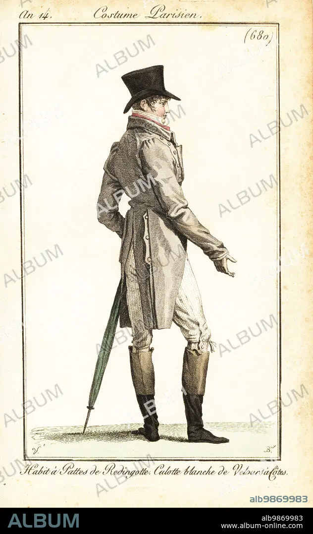 Dandy in top hat, frock coat, striped velvet breeches, boots. He holds an  umbrella. Habit a Pattes de redingotte. Culotte blanche de velours a cotes.  Handcoloured copperpl - Album alb9869983