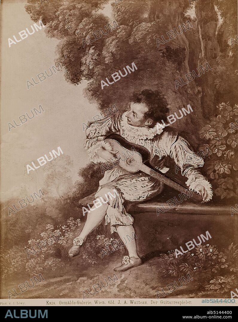 Josef Löwy, 561st J. A. Watteau. The guitar player, albumin paper, black and white positive process, image size: height: 24.7 cm; width: 19.2 cm, inscribed: recto u.: exposed: phot. v. J. Löwy. Quays. Painting Gallery, Vienna. 651st J. A. Watteau, The Guitar Player. Reprint before, kithara, mandolin, guitar, balalaika, musician.