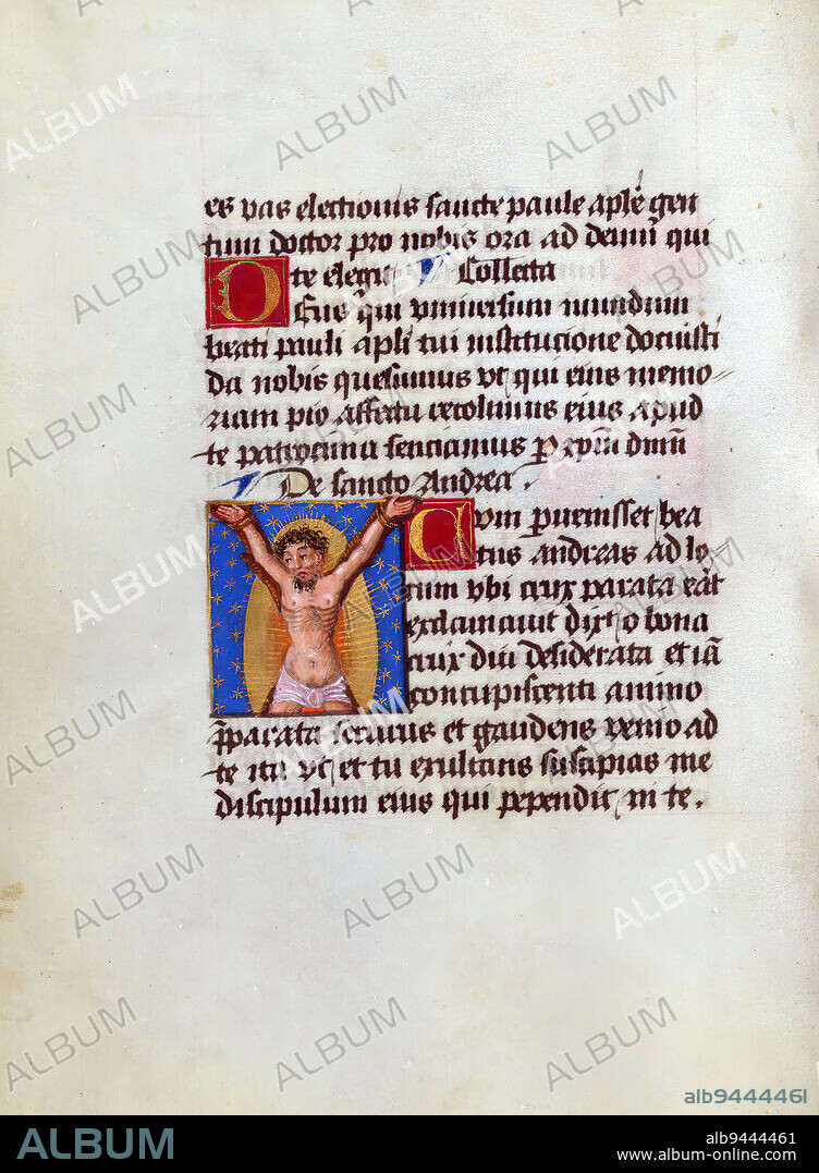 Prayer book, St. Andrew, This early sixteenth-century illuminated prayer book contains Latin prayers and passages from the Gospels. Although small in scale, it is notable for its abundance of illuminations, with nearly sixty extant small miniatures. Full-color portraits embellish the prayers to the Virgin and Suffrages, while the images within the Gospel narrative are rendered primarily in grisaille, a nearly entirely gray monochrome technique. The last folios include a trompe-l'oeil foliate margin and a Crucifixion that seems to be a later addition. Throughout the book gold initials on red or blue grounds mark the beginning of the prayers.