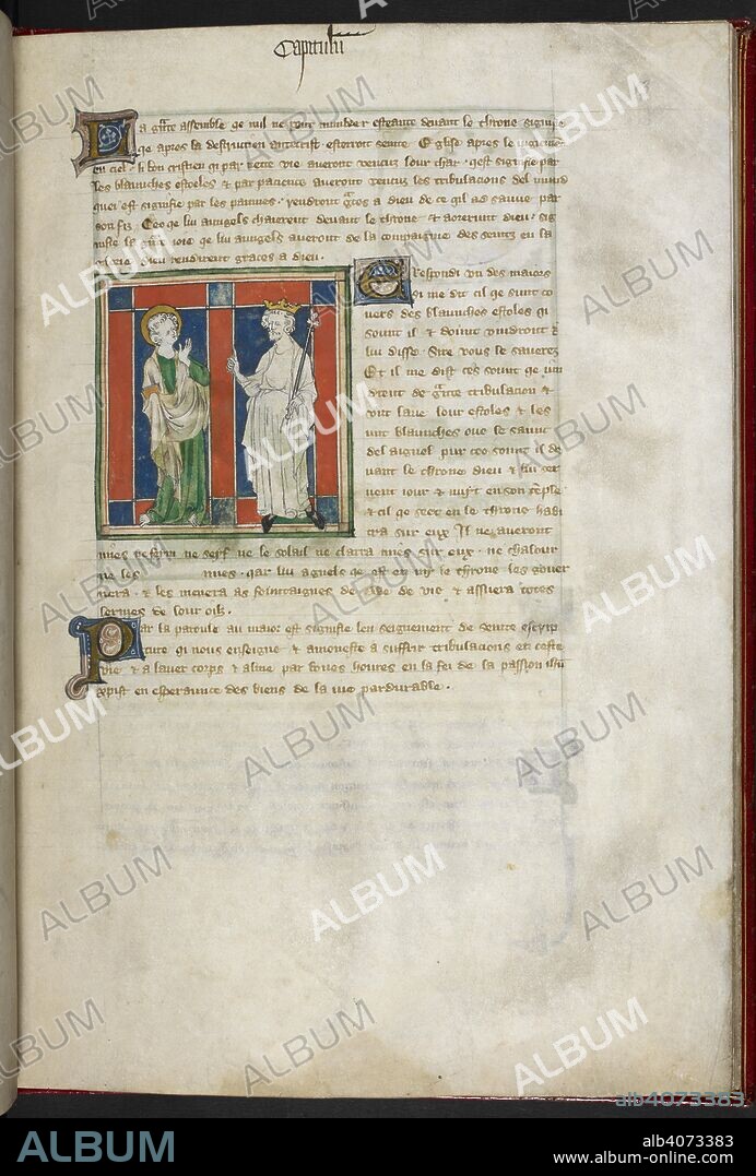 John and the elder, who wears a crown. Apocalypse ('The Queen Mary Apocalypse'). England, S. E. (London), or East Anglia. First quarter of the 14th century. The illuminations include 73 miniatures in colours and gold. Decoration: Initials in gold on blue and rose grounds with penwork decoration in white, some with marginal extensions forming partial borders. Paraphs in rose or blue. Guide letters for initials are visible. See the catalogue for notes on possible artists (in dispute.). Source: Royal 19 B.XV, f.13. Language: Anglo Norman.