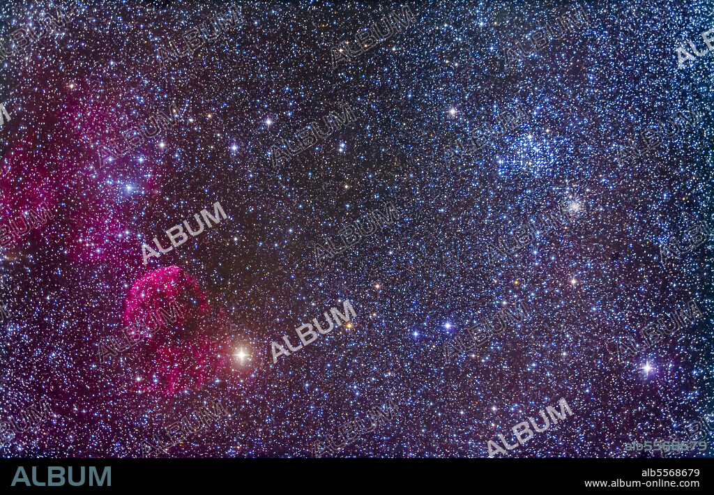 The Jellyfish Nebula, IC 443, at left near the star Eta Geminorum. IC 443 is a supernova remnant. At upper right is the bright open star cluster Messier 35. The smaller and fainter star cluster below M35 is NGC 2158. M35 is 2500 light years away but NGC 2158 is 16,500 light years away.