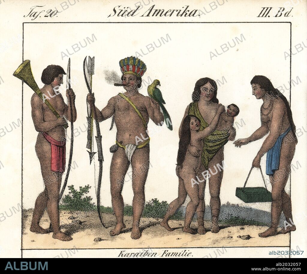 Carib family of Surinam with father smoking a ciger, holding a parrot and  bow and arrow, and wife with baby in shawl and naked daughter. Handcoloured  lithograph from Fried - Album alb2032057