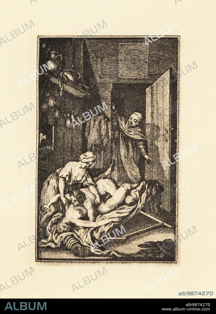 A naked man and woman having sex on a collapsed bed, 18th century. A buxom  maid attempts to join in and a monk watches from an open door. Copperplate  engraving heliogravur -