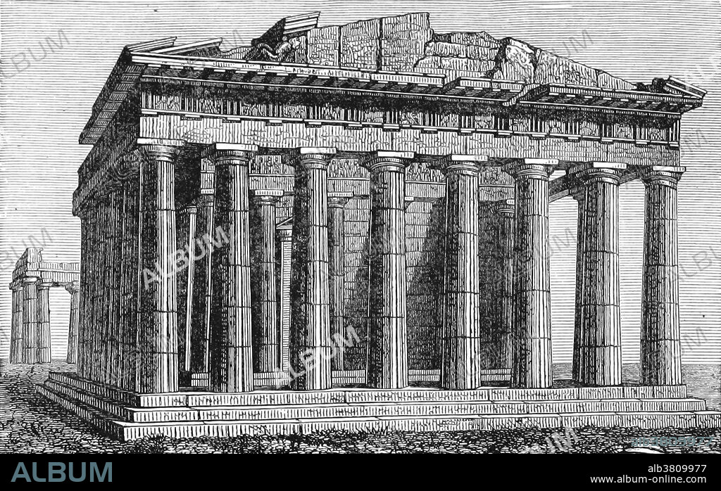 Parthenon engraving taken from page 111 of "Heroes of Ancient Greece: a story of the days of Socrates, the Athenian" by Ellen Palmer, 1876. The Parthenon is a temple on the Athenian Acropolis, Greece, dedicated to the maiden goddess Athena. Construction began in 447 BC when the Athenian Empire was at the height of its power. It was completed in 438 BC, although decoration of the building continued until 432 BC. It is the most important surviving building of Classical Greece, generally considered the culmination of the development of the Doric order. Its decorative sculptures are considered some of the high points of Greek art. The Parthenon is regarded as an enduring symbol of Ancient Greece, Athenian democracy, western civilization and one of the world's greatest cultural monuments.