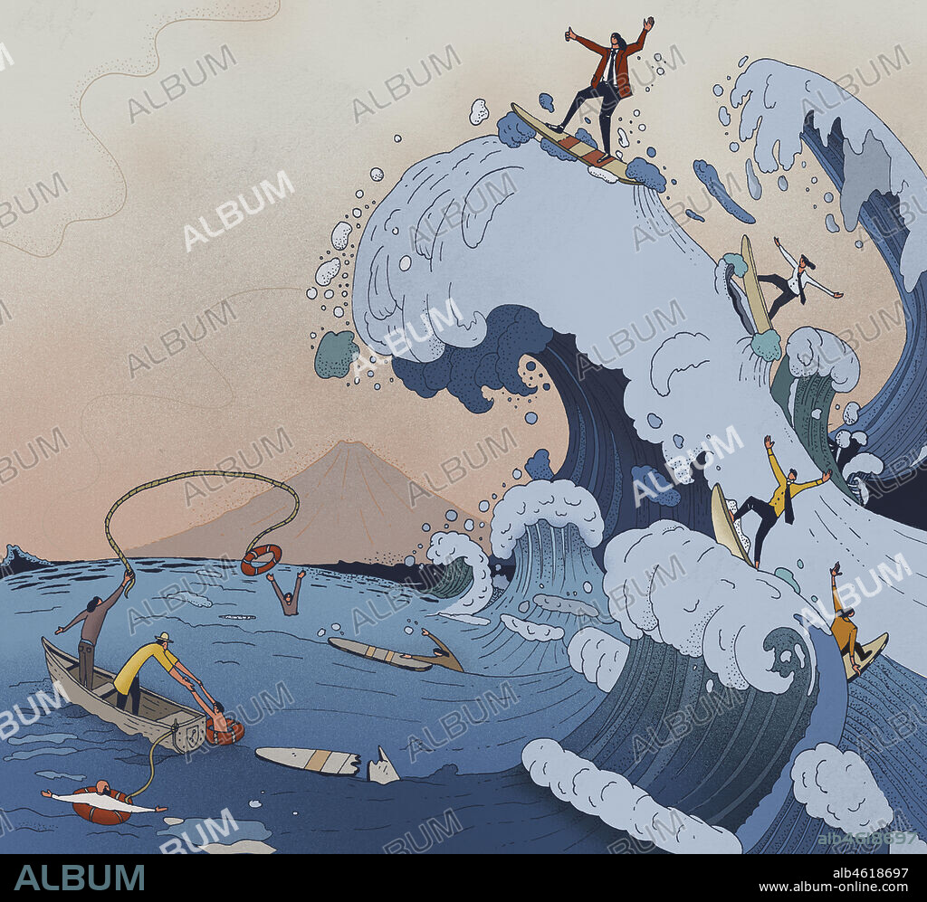 The ups and downs of business in parody of Hokusai's wave.