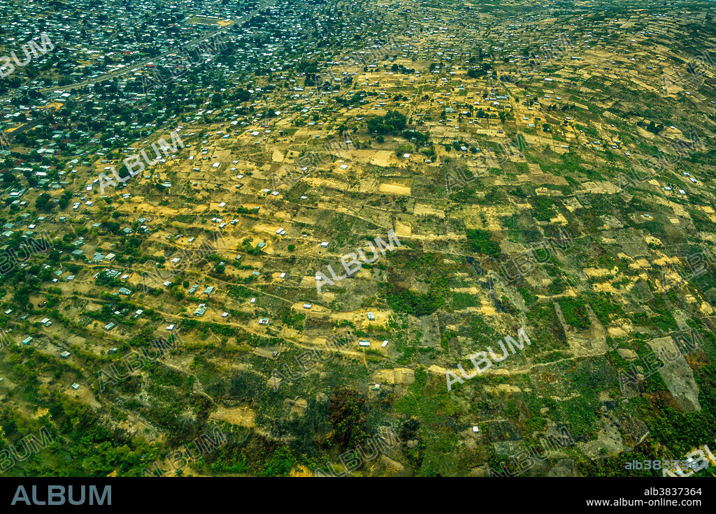 An aerial shot of the neighbourhoods in the outskirts of the capital city, Brazzaville, in the Republic of Congo, Africa.