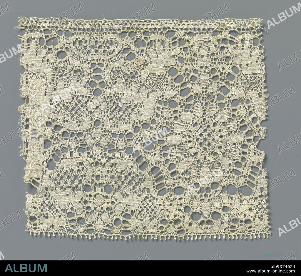 Strip of machine-made lace with sunflower and candelabrum motif with feathered leaf curls, Strip of machine-made lace: machine-made Binche lace. The symmetrical pattern is formed by a hanging sunflower or daisy next to a candelabra-like motif composed of curling feathered leaves, with a crown at the top. The motifs have openwork borders and are connected by a machine braided ground. Several machine-made snowflake grounds were used as decorative grounds. The top and bottom of the strip are finished straight, with the bottom having picots., J. Gaillard, Calais, c. 1881, cotton (textile), length 9 cm × width 8 cm.