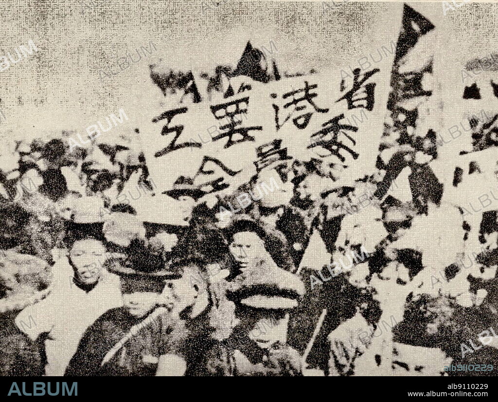 200,000 Guangdong and Hong Kong workers strike for more than a year to support Shanghai's anti-imperialist movements. Pictured are workers holding protests and demonstrations. This happened during the May Thirtieth Movement. The May Thirtieth Movement was a major labour and patriotic movement against imperialist powers led by the Chinese Communist Party.