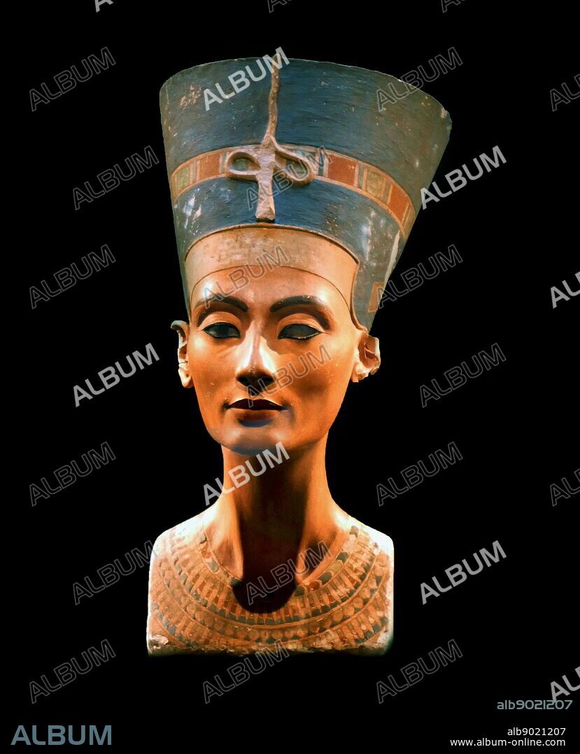 bust of Nefertiti from the Agyptisches Museum Berlin collection, presently in the Neues Museum. Neferneferuaten Nefertiti (c. 1370 - c. 1330 BC), Egyptian queen and the Great Royal Wife (chief consort) of Akhenaten. The Nefertiti Bust is a painted stucco-coated limestone bust, believed to have been crafted in 1345 B.C. by the sculptor Thutmose. A German archaeological team led by Ludwig Borchardt discovered the bust in 1912 in Thutmose's workshop.