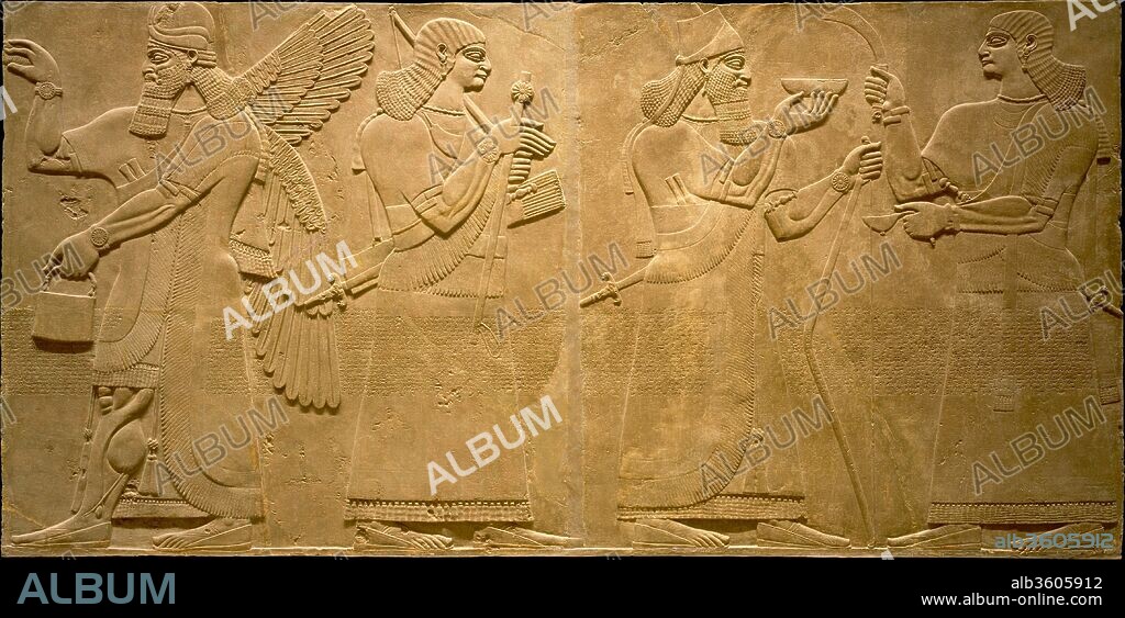 Relief panel. Culture: Assyrian. Dimensions: H. 92 1/4 x W. 95 1/2 x D. 4 1/4 in. (234.3 x 242.6 x 10.8 cm). Date: ca. 883-859 B.C..
This relief, from the palace of the Assyrian king Ashurnasirpal II (r. ca. 883-859 B.C.), depicts a supernatural protective figure and a mortal Assyrian courtier. The two larger-than-life-sized figures are carved in low relief. This panel joins a second relief that shows the king and a second courtier. Together, the two panels show the king flanked by his human courtiers. The winged figure here formed part of a similar neighboring scene, this time with the king flanked by divine protectors.
The winged human-headed figure wears a horned crown - a traditional Mesopotamian marker of divine status - and bracelets adorned with rosettes, as well as armbands, a necklace of beads, and large pendant earrings. He wears a tunic with long tassels and a fringed shawl, emerging from which at chest level can be seen the decorated handles of two knives. Embroidery on the clothes is represented by fine incised patterns of stylized plant imagery at the ends of the sleeves and near the fringe of the shawl. The exposed lower leg with exaggerated musculature is seen in many Assyrian and Babylonian depictions of divine and heroic figures. The figure holds a small bucket in his left hand, and in his right an object resembling a pine-cone. This cone, called by the Assyrians a "purifier," seems to have been used to sprinkle holy water from the bucket, and may have had a symbolic association with the artificial fertilization of date-palm trees. The bucket itself is incised with the image two miniature winged figures performing the same act, not toward the king but toward a central 'sacred tree' and the winged disk associated with Assyria's chief god Ashur.
The second figure on the relief is human, and his beardless image indicates that he is probably a eunuch. He is richly dressed, with jewelry including rosette bracelets, armbands, a collar of beads, probably of semiprecious stone with gold spacers, pendant earrings, and a crescent-shaped pectoral. He carries multiple weapons: a bow, a quiver filled with arrows, a mace with a rosette-head, and a sword whose scabbard ends in the bodies of two lions. With the possible exception of the sword, these weapons are not his own but belong to the king. The courtier is shown as an arms-bearer, and in this sense the king's servant, but the position was one of symbolic authority, signifying closeness to the king, and in reality the figure depicted was probably one of the most senior figures in Ashurnasirpal's court. 
A distinctive feature of the Northwest Palace is the so-called Standard Inscription that ran across the middle of every relief, often cutting across the imagery. The inscription, carved in cuneiform script and written in the Assyrian dialect of the Akkadian language, lists the achievements of Ashurnasirpal II (r. 883-859 B.C.), the builder of the palace. After giving his ancestry and royal titles, the Standard Inscription describes Ashurnasirpal's successful military campaigns to east and west and his building works at Nimrud, most importantly the construction of the palace itself. The inscription is thought to have had a magical function, contributing to the divine protection of the king and the palace.