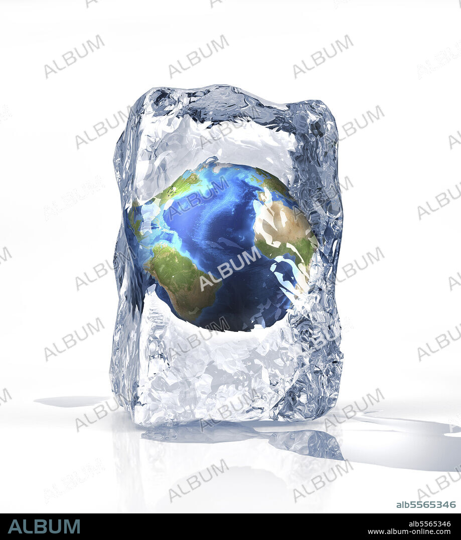 Planet Earth frozen inside of an ice block with a pool of water.