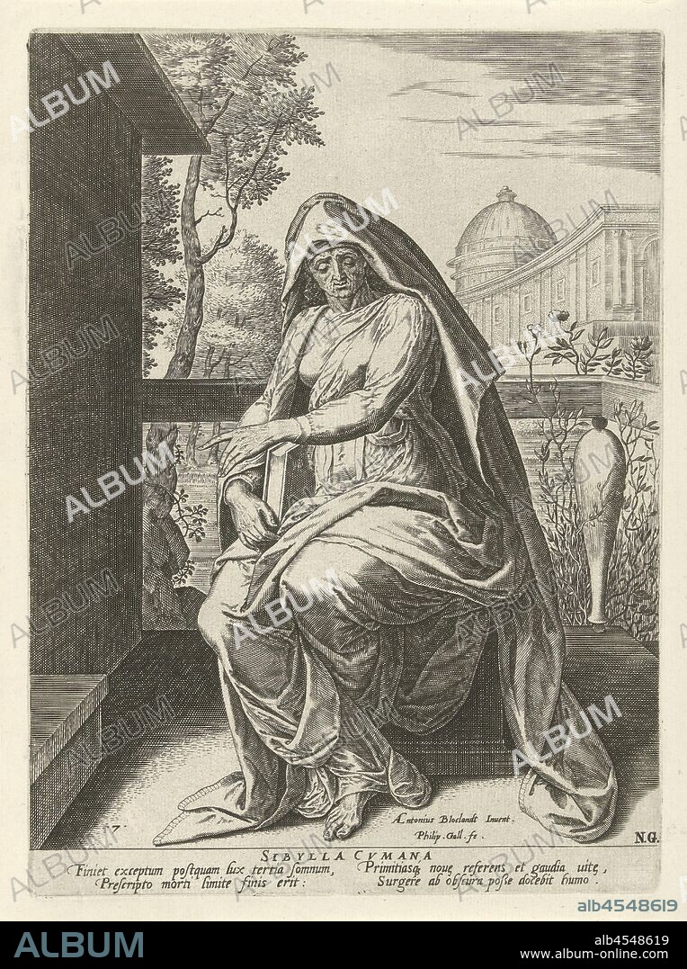 Cimmerian Sibille Sibylla Cvmana (title on object) Sibillen (series title),  The Cimmerian Sibille, an old woman, sits on a pedestal. She is holding a  book. The print has a - Album alb4548619