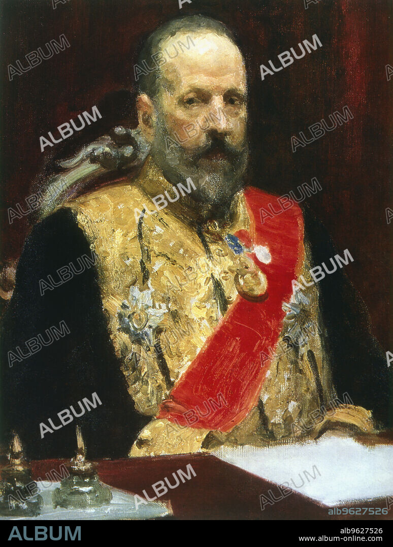 IL'YA REPIN. Count Witte, Russian statesman, c1901-1903. Russia's Minister of Finance from 1892-1903, Sergey Sergey Yulyevich Witte (1849-1915) promoted the construction of the Trans-Siberian Railway and the general modernisation of the Russian empire. In 1905 he represented Russia at the negotiations which ended the Russo-Japanese War, and after the political unrest of that year was appointed Prime Minister when the Tsar agreed to the establishment of the Duma (parliament). In 1906, desiring a more conservative regime, Nicholas II replaced Witte as premier with Ivan Goremykin.