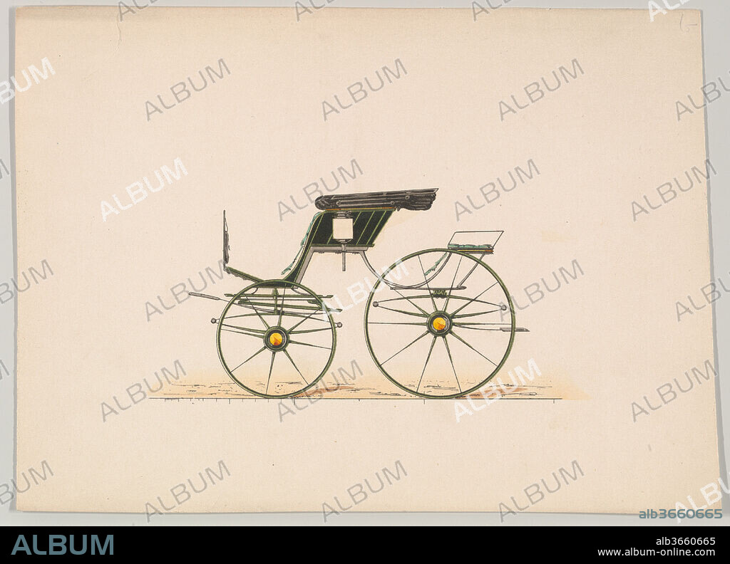 Design for Spider Phaeton. Dimensions: sheet: 6 1/8 x 8 1/2 in. (15.6 x 21.6 cm). Manufacturer: Brewster & Co. (American, New York). Date: ca. 1870.
Brewster & Company History
Established in 1810 by James Brewster (1788-1866) in New Haven, Connecticut, Brewster & Company, specialized in the manufacture of fine carriages. The founder opened a New York showroom in 1827 at 53-54 Broad Street, and the company flourished under generations of family leadership. Expansion necessitated moves around lower Manhattan, with name changes reflecting shifts of management-James Brewster & Sons operated at 25 Canal Street, James Brewster Sons at 396 Broadway, and Brewster of Broome Street was based at 372 & 374 Broome Street with a repository (showroom) on 14th Street & Fifth Avenue. By 1874, Brewster & Company had 400 employees and combined warehouse and factory facilities at 47th & 48th Streets and Broadway. Brewster successfully branched out to produce their own automobiles, as well as supplying bodies for Rolls Royce at their Long Island City location. Notable clientele included Alfred Gwynne Vanderbilt, August Belmont, J.P. Morgan, John Jacob Astor, Andrew J. Cassatt (brother of artist Mary Cassatt), William Rockefeller, Henry Clay Frick and Pierre Lorillard. 
Talented draftsmen employed by the firm included Paul Steinbeck, Herman Stahmer and John Gribbon, the latter teaching at the Carriage Builders and Designers Technical School, which opened in 1880 and was housed initially at the Metropolitan Museum of Art. When the company finally dissolved in 1923, its last owner William Brewster (1866-1949) donated its archive of design and presentation drawings to the Museum where he served as benefactor and trustee.
Of all American carriage manufacturers, none was as highly regarded for design, finish and quality as Brewster & Company. They won many awards for outstanding workmanship, including the Legion d'Honneur (Legion of Honor) at the 1878 Paris Exposition (3rd World's Fair). In appreciation for this achievement the Carriage Builders' National Association presented them with a gold enameled Tiffany & Company plaque and autograph book signed by leading American carriage builders, both now at the Metropolitan Museum of Art.
Merri Ferrell, 2016.