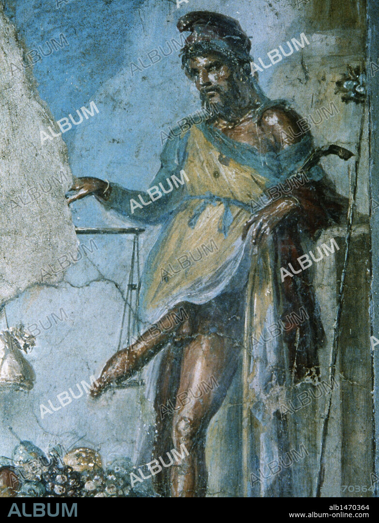Roman Art. Priapus, god of fertility, by weighing his penis with the scales and the fruits of their fields. Fresco. 1st century B.C. House of the Vetti. Pompeii. Italy.