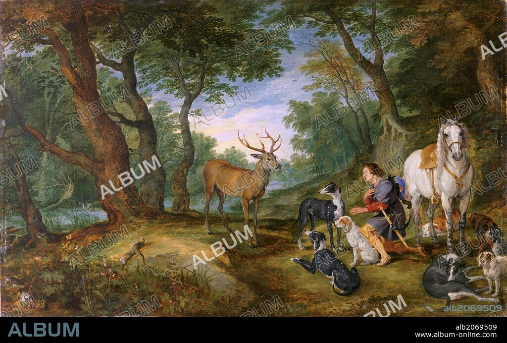 PETER PAUL RUBENS and JAN BRUEGHEL THE ELDER. Pedro Pablo Rubens; Jan Brueghel 'el Viejo' / 'Saint Hubert's Vision', 1617-1620, Flemish School, Oil on panel, 63 cm x 100,5 cm, P01411.