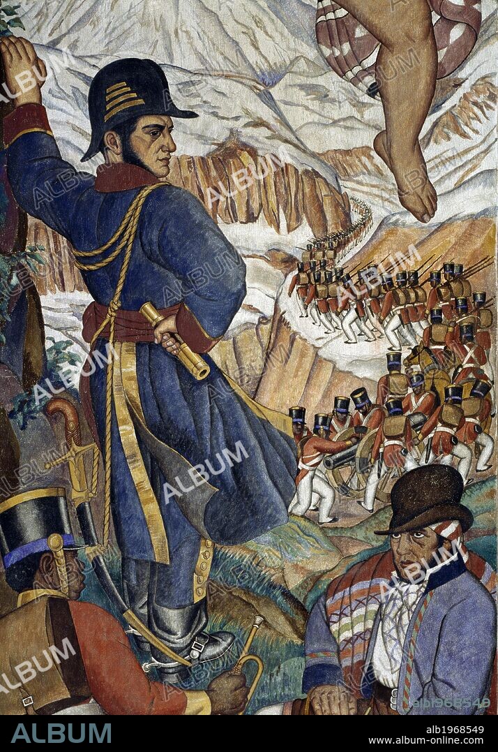 General San Martin passing the Andes with his army, from Bolivar Amphitheater in Mexico City. Chilean War of Independence, 19th century.
